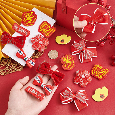 Chinese New Year Bowknot Flower Cloth Alligator Hair Clips Set OHAR-WH0021-31D-1