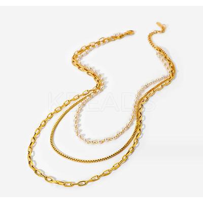 304 Stainless Steel Box & Imitation Pearl Chains 3 Layer Necklaces JN1127A-1