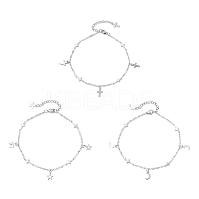 3Pcs 3 Styles 304 Stainless Steel Cross Link Chain Anklets AJEW-AN00739-1