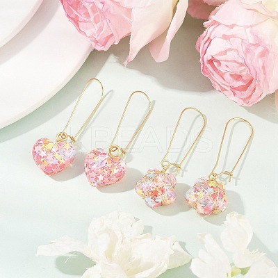 2 Pairs 2 Styles Heart & Flower Resin Dangle Hoop Earrings EJEW-JE06352-1