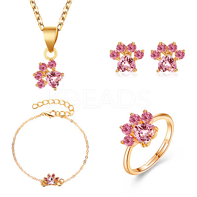 Cat Paw Print Alloy Pave Cubic Zirconia Pendant Necklaces & Stud Earring & Ring & Link Bracelets Sets for Women FS-WGC55DF-01-1