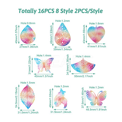 16Pcs 8 Style 430 Stainless Steel Filigree Pendants STAS-BY0001-15-1