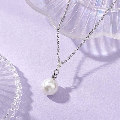 Shell Pearl White Round Pendant 304 Stainless Steel Cable Chain Necklaces for Women NJEW-JN05760-01-1