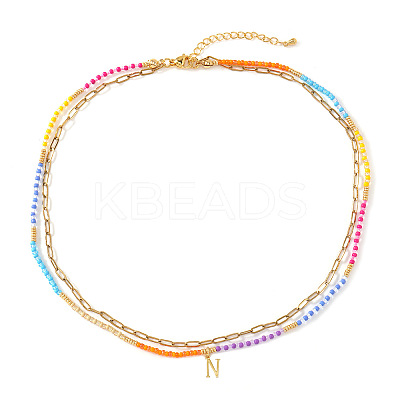 Colorful Glass Seed Beaded Initial Pendant Double Layer Necklaces QS3881-14-1