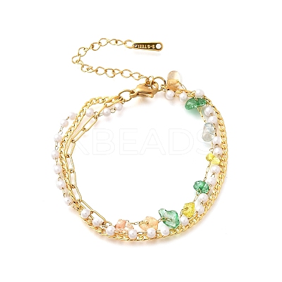 Gemstone Chip with Plastic Pearl Multi-strand Bracelets for Women BJEW-G739-01G-1