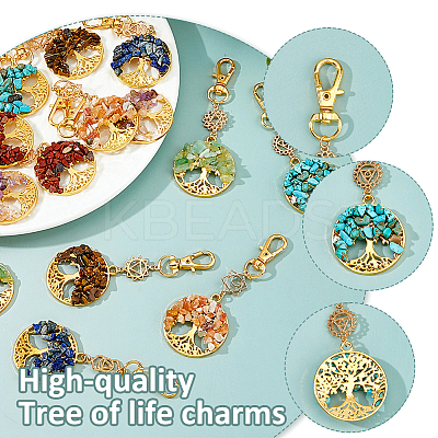 14Pcs 7 Colors Chakra Natural & Synthetic Gemstone Chips Beads & Alloy Tree of Life Pendant Decorations HJEW-FH00151-1