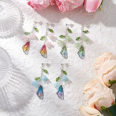 304 Stainless Steel Wing with Flower Dangle Stud Earrings EJEW-TA00696-1