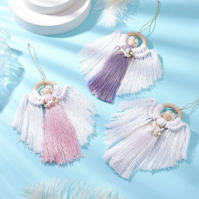 3Pcs 3 Colors Angel Wood & Cotton Threads Pendant Decoration HJEW-JM02406-1