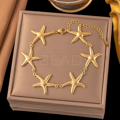 304 Stainless Steel Starfish Link Bracelets for Women LS-BJEW-G759-01G-1