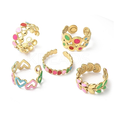 5Pcs Adjustable 304 Stainless Steel Enamel Cuff Rings for Women LS-RJEW-V004-08G-1