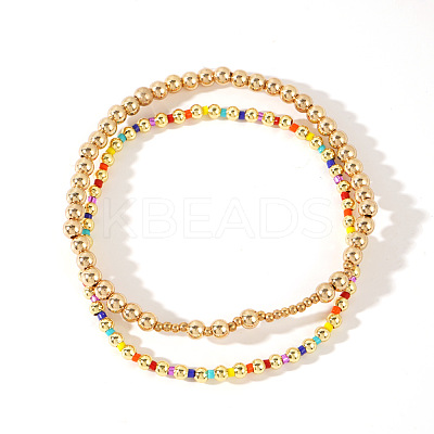 2Pcs Fashionable Brass & Seed Beads Beaded Stretch Bracelet Sets for Women ZD1327-1-1