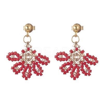 Glass Seed Braided Flower Dangle Stud Earrings EJEW-MZ00048-1