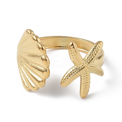 Ion Plating(IP) 304 Stainless Steel Shell with Starfish Open Cuff Ring for Women RJEW-C046-03G-1
