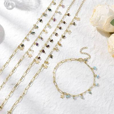 Natural Larimar/Moss Agate/Fluorite/Rutilated Quartz/Garnet Chips Charm Brass Figaro Chain Anklets AJEW-AN00667-1