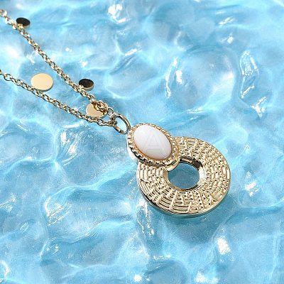 304 Stainless Steel & Oval White Glass Donut Pendant Necklaces for Women NJEW-A045-01G-1