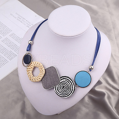 Bohemian Style Alloy and Raffia Geometric Pendant PU Leather Cord Bib Necklaces FS-WG7F958-02-1