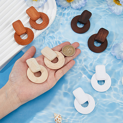 4 Pairs 4 Color Wood Donut Dangle Stud Earring with 316 Stainless Steel Pins for Women EJEW-FI0002-46-1
