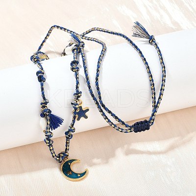 304 Stainless Steel Blue Enamel Moon Pendant Cotton Cord Adjustable Necklaces NJEW-C093-04G-1
