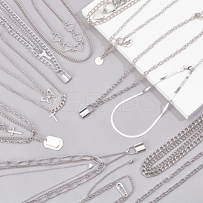 18Pcs 18 Style Alloy Curb & Paperclip & Herringbone Chain Necklaces Set NJEW-AN0001-43-1