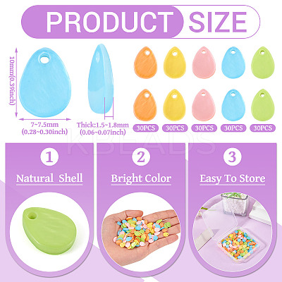 150Pcs 5 Colors Spray Painted Natural Freshwater Shell Teardrop Charms SHEL-TA0001-23-1