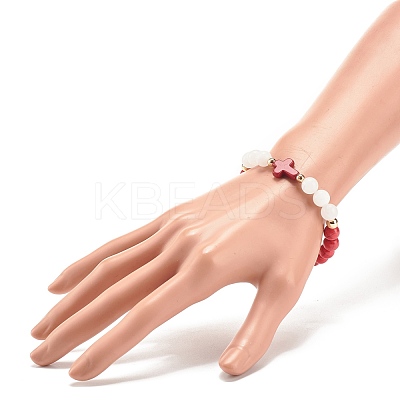 Natural White Jade & Synthetic Turquoise(Dyed) Stretch Bracelet with Cross BJEW-JB08295-04-1