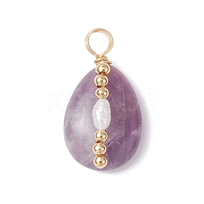 Copper Wire Wrapped Natural Amethyst & Natural Cultured Freshwater Pearl Beads Pendants PALLOY-JF03645-04-1