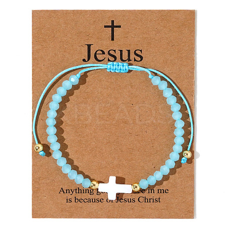 Adjustable Sea Shell Cross & Faceted Rondelle Glass Braided Bead Bracelets for Women AZ6679-4-1