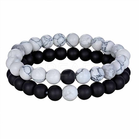 Valentine's Day Natural Obsidian & Natural Howlite Beaded Bracelets Sets EE2422-4-1