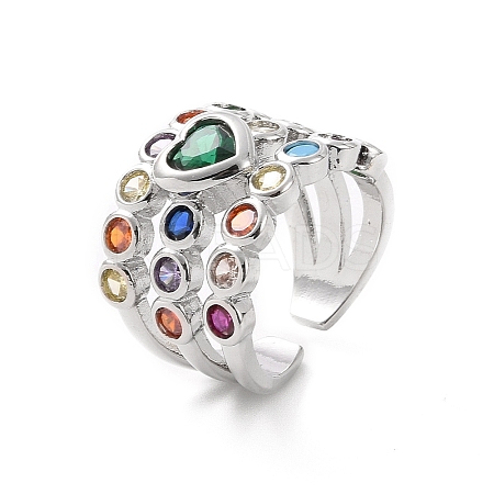 Colorful Cubic Zirconia Heart Open Cuff Ring RJEW-C061-03P-1