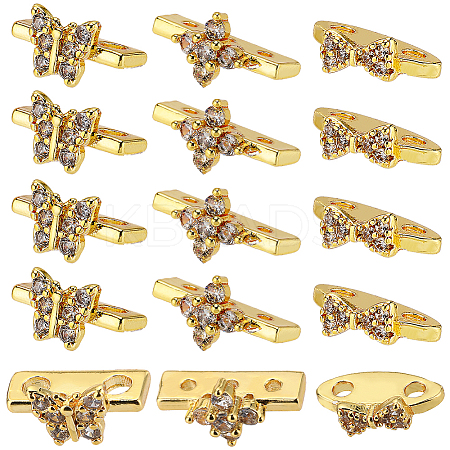 24Pcs 3 Styles Brass Pave Clear Cubic Zirconia Connector Charms KK-SC0004-24G-1