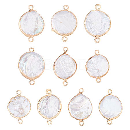 10Pcs Electroplated Natural Keshi Pearl Flat Round Connector Charms PEAR-HS0001-11-1