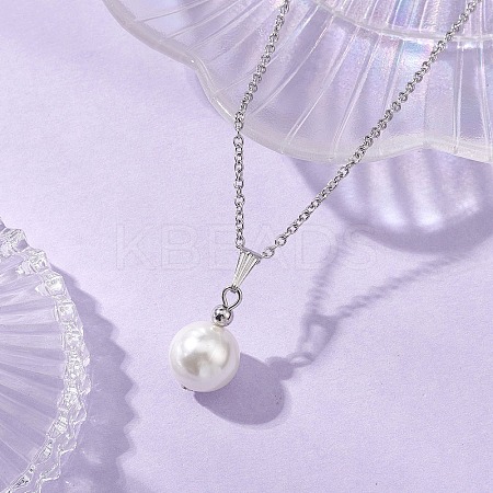 Shell Pearl White Round Pendant 304 Stainless Steel Cable Chain Necklaces for Women NJEW-JN05760-01-1