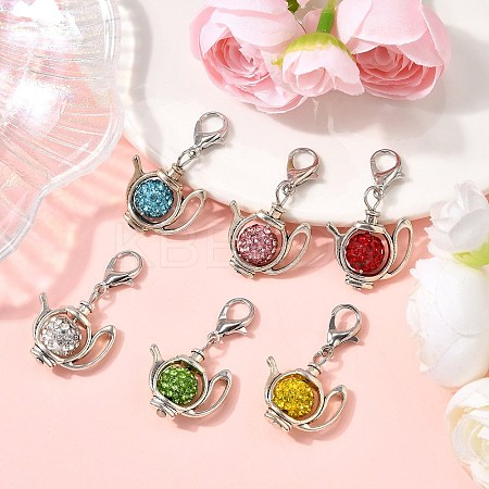 6Pcs Polymer Clay Pave Rhinestone & Tibetan Style Alloy Teapot Pendant Decorations HJEW-JM03568-1