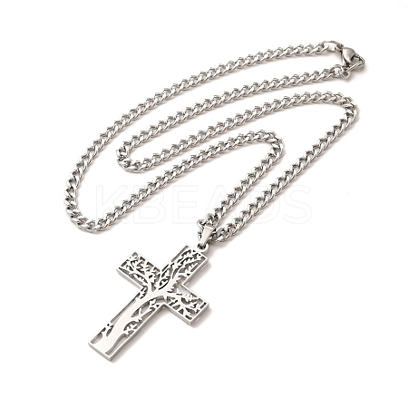 Non-Tarnish 304 Stainless Steel Cross with Tree of Life Pendant Necklaces LS-NJEW-M197-02P-1