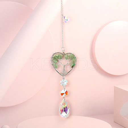 Wire Wrapped Natural Green Aventurine Heart with Tree of Life Pendant Decorations HJEW-K046-02P-07-1