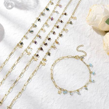 Natural Larimar/Moss Agate/Fluorite/Rutilated Quartz/Garnet Chips Charm Brass Figaro Chain Anklets AJEW-AN00667-1