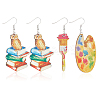 2 Pair 2 Style Book & Brush & Palette Single Face Printed Wood Dangle Earrings EJEW-AN0002-74-1