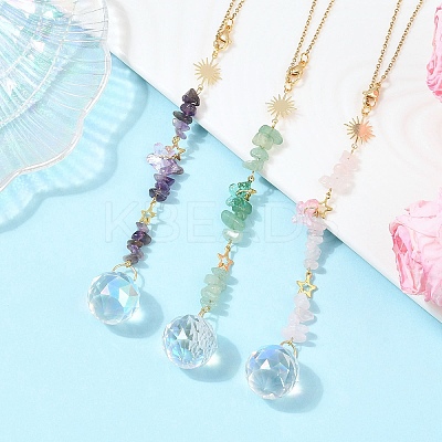 3Pcs Round Glass & Natural Amethyst & Rose Quartz & Green Aventurine Chips Hanging Suncatchers HJEW-JM04209-1