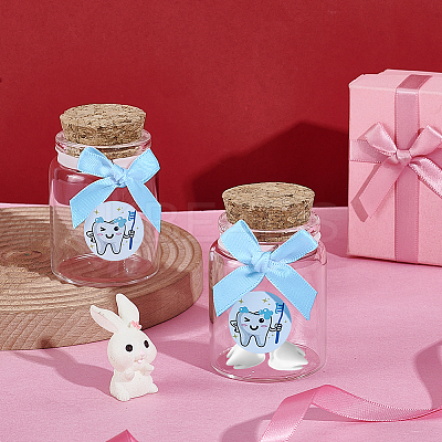 2Pcs Column Transparent Glass Baby Boy Teeth Empty Cork Bottles with Bowknot and Plastic Tooth Picture Stickers AJEW-NB00016-1