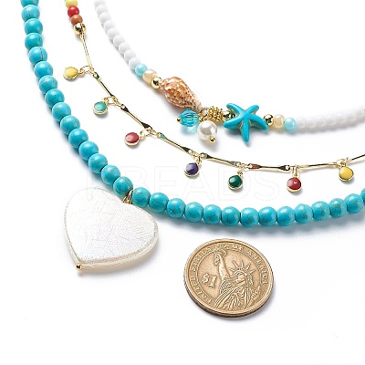 3Pcs 3Pcs Shell Pearl & Acrylic Heart & Enamel Pendant Necklaces Set NJEW-JN04038-1