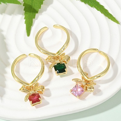 Brass Micro Pave Cubic Zirconia Adjustable Open Cuff Rings for Women RJEW-U057-05G-1