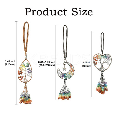 3Pcs 3 Styles Copper Wire Wrapped Chakra Natural Gemstone with Tree of Life Pendant Decorations HJEW-CJ0001-22-1