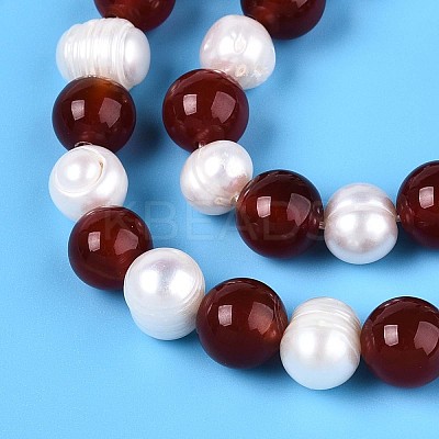 Natural Carnelian(Dyed & Heated) Round & Natural Cultured Freshwater Pearl Grooved Potato Beads Strands PEAR-N019-09-1