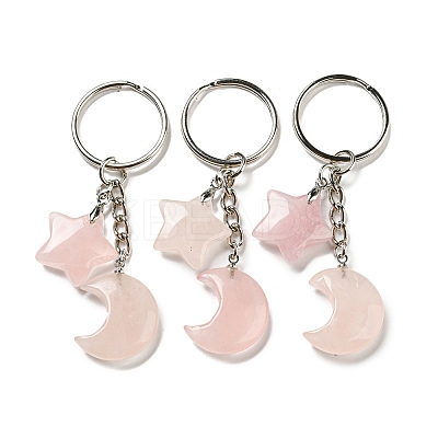 Reiki Natural Rose Quartz Moon & Star Pendant Keychains KEYC-P015-02P-04-1