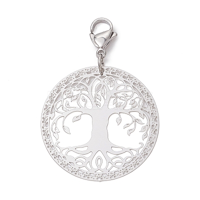 201 Stainless Steel Flat Round with Tree of Life Pendant Decorations HJEW-JM02521-1