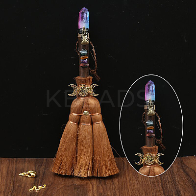 Wood Witch Broom with Synthetic Quartz Pendant Decorations AUTO-PW0001-15J-1