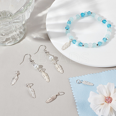 5Pcs 925 Sterling Silver Feather Charms with Jump Rings with 1Pc Double Sided Suede Fabric Silver Polishing Cloth FIND-BBC0015-94-1