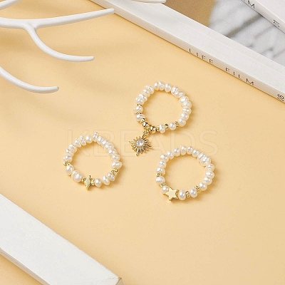 3Pcs 3 Style Natural Pearl & Synthetic Hematite Stretch Rings Set RJEW-JR00544-1