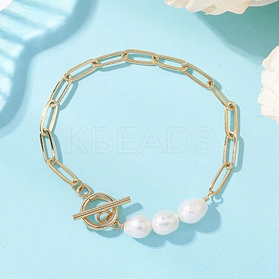 Rice Natural Cultured Freshwater Pearl & Brass Paperclip Chain Bracelets for Women BJEW-JB13543-03-1