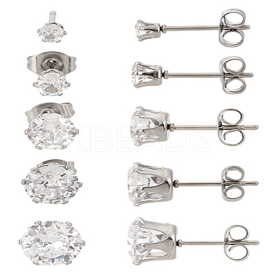 5 Pairs 5 Style 316 Surgical Stainless Steel Micro Pave Clear Cubic Zirconia Stud Earrings EJEW-LP0001-40-1